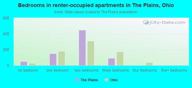 Bedrooms in renter-occupied apartments in The Plains, Ohio