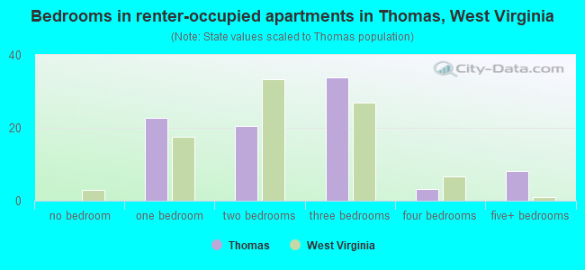 Bedrooms in renter-occupied apartments in Thomas, West Virginia