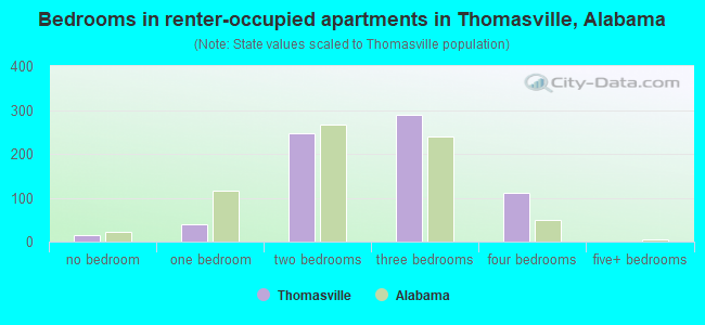 Bedrooms in renter-occupied apartments in Thomasville, Alabama