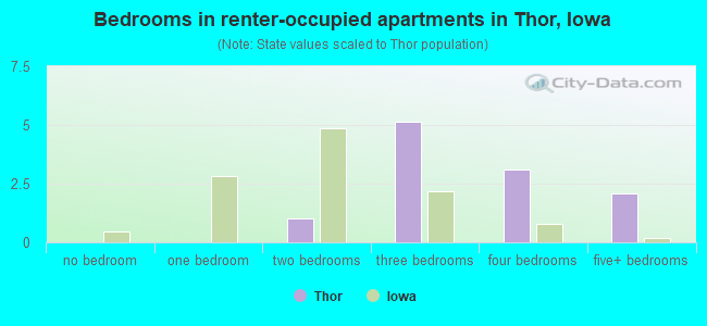 Bedrooms in renter-occupied apartments in Thor, Iowa