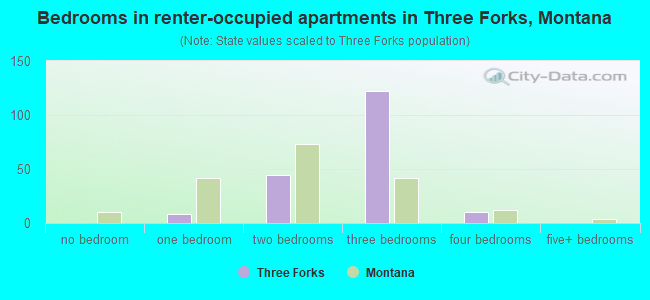 Bedrooms in renter-occupied apartments in Three Forks, Montana