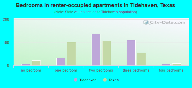 Bedrooms in renter-occupied apartments in Tidehaven, Texas