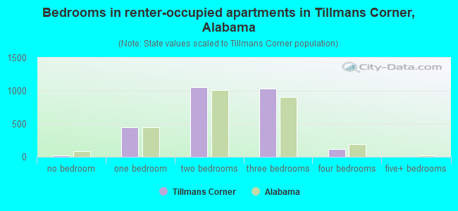 Bedrooms in renter-occupied apartments in Tillmans Corner, Alabama