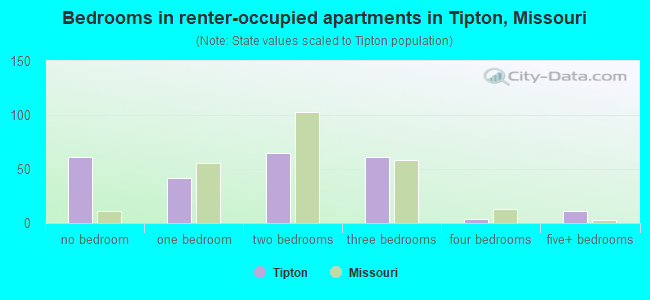 Bedrooms in renter-occupied apartments in Tipton, Missouri