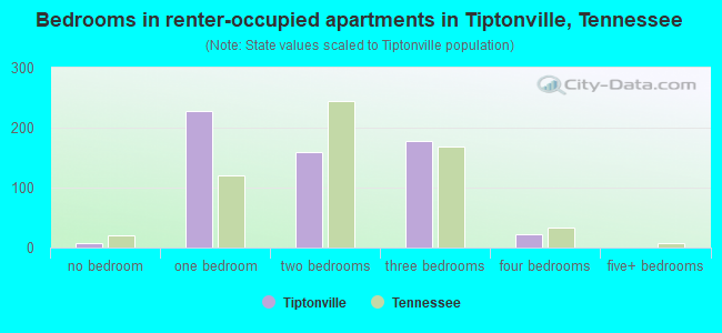 Bedrooms in renter-occupied apartments in Tiptonville, Tennessee