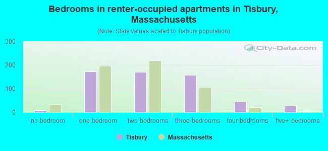Bedrooms in renter-occupied apartments in Tisbury, Massachusetts