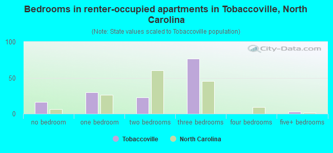 Bedrooms in renter-occupied apartments in Tobaccoville, North Carolina