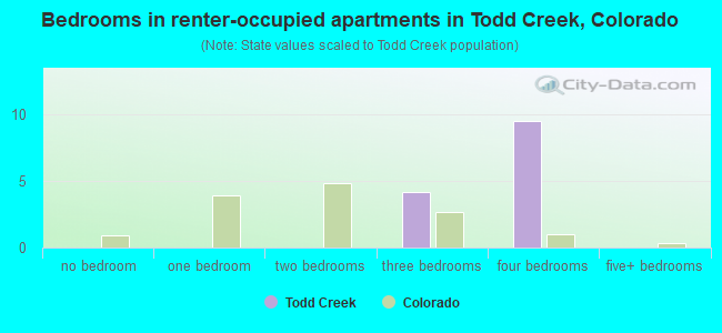 Bedrooms in renter-occupied apartments in Todd Creek, Colorado