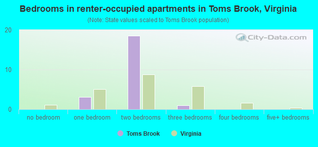 Bedrooms in renter-occupied apartments in Toms Brook, Virginia