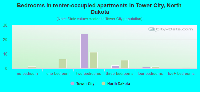 Bedrooms in renter-occupied apartments in Tower City, North Dakota