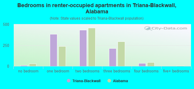 Bedrooms in renter-occupied apartments in Triana-Blackwall, Alabama