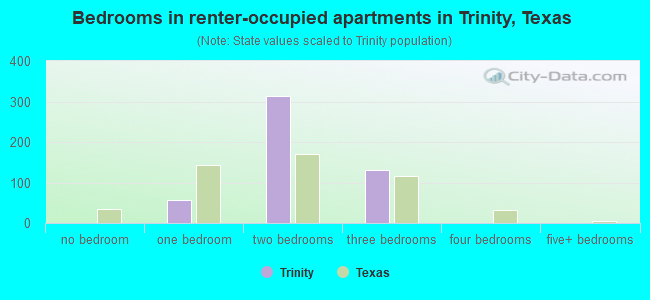 Bedrooms in renter-occupied apartments in Trinity, Texas