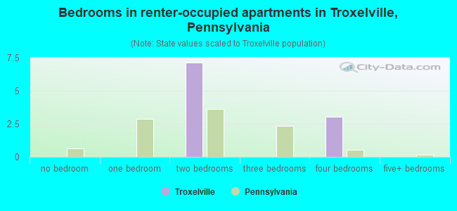 Bedrooms in renter-occupied apartments in Troxelville, Pennsylvania