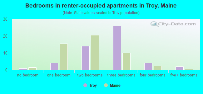 Bedrooms in renter-occupied apartments in Troy, Maine