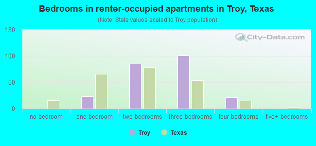 Bedrooms in renter-occupied apartments in Troy, Texas