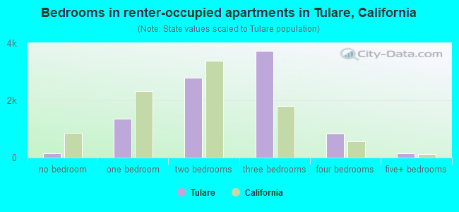 Bedrooms in renter-occupied apartments in Tulare, California