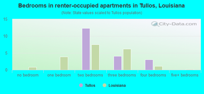 Bedrooms in renter-occupied apartments in Tullos, Louisiana