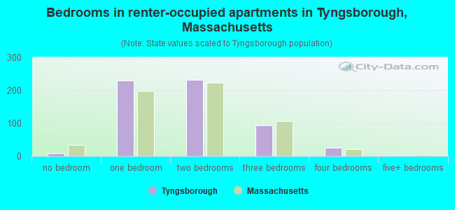 Bedrooms in renter-occupied apartments in Tyngsborough, Massachusetts