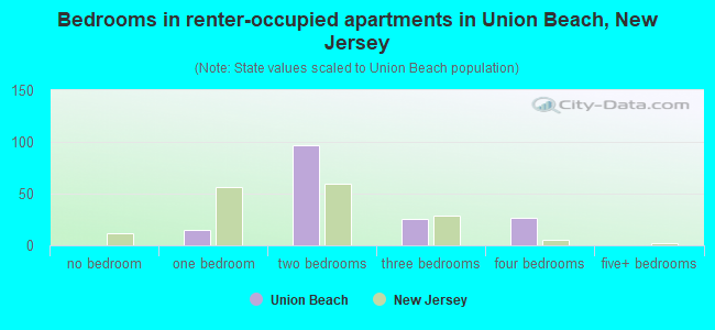 Bedrooms in renter-occupied apartments in Union Beach, New Jersey