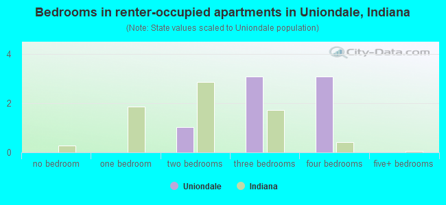 Bedrooms in renter-occupied apartments in Uniondale, Indiana