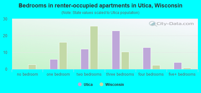 Bedrooms in renter-occupied apartments in Utica, Wisconsin