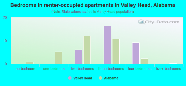 Bedrooms in renter-occupied apartments in Valley Head, Alabama