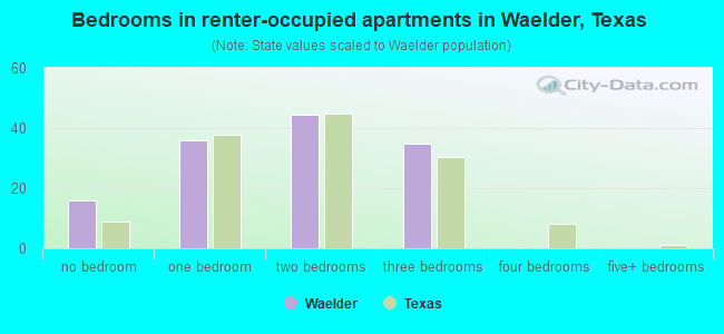 Bedrooms in renter-occupied apartments in Waelder, Texas