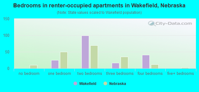 Bedrooms in renter-occupied apartments in Wakefield, Nebraska