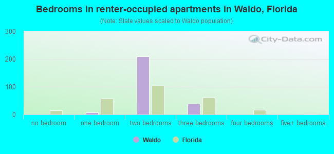 Bedrooms in renter-occupied apartments in Waldo, Florida