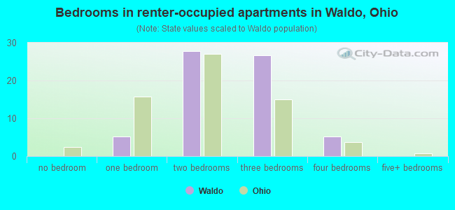 Bedrooms in renter-occupied apartments in Waldo, Ohio