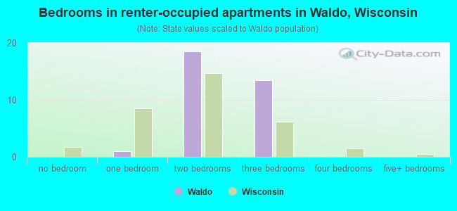 Bedrooms in renter-occupied apartments in Waldo, Wisconsin