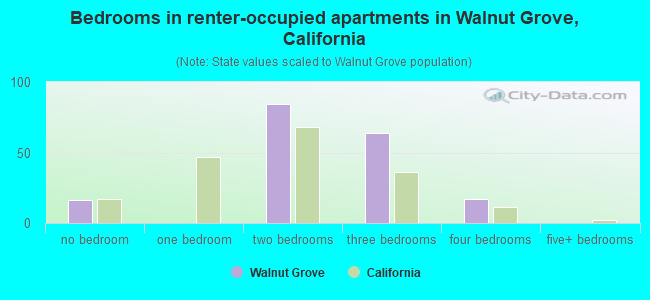 Bedrooms in renter-occupied apartments in Walnut Grove, California