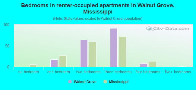 Bedrooms in renter-occupied apartments in Walnut Grove, Mississippi