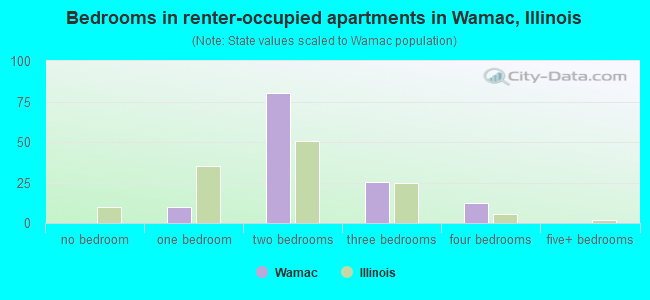 Bedrooms in renter-occupied apartments in Wamac, Illinois