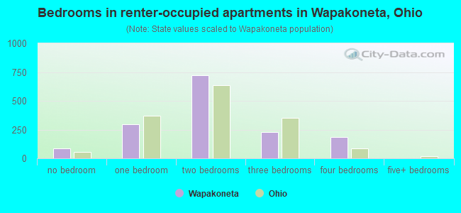 Bedrooms in renter-occupied apartments in Wapakoneta, Ohio