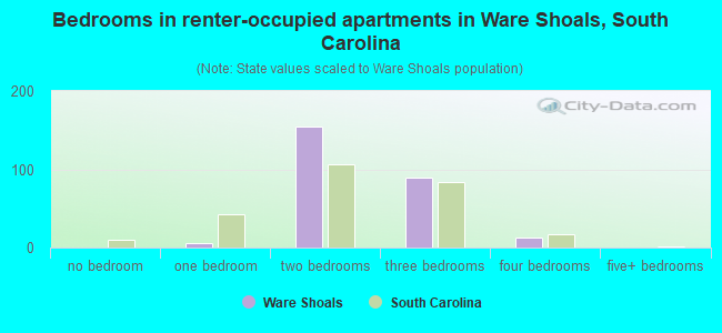 Bedrooms in renter-occupied apartments in Ware Shoals, South Carolina