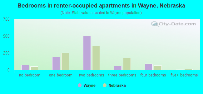 Bedrooms in renter-occupied apartments in Wayne, Nebraska