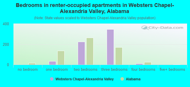 Bedrooms in renter-occupied apartments in Websters Chapel-Alexandria Valley, Alabama