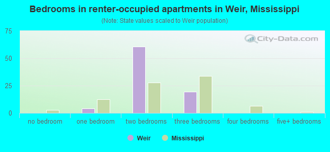 Bedrooms in renter-occupied apartments in Weir, Mississippi