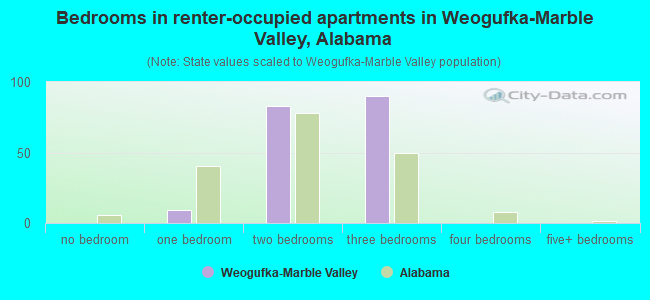 Bedrooms in renter-occupied apartments in Weogufka-Marble Valley, Alabama