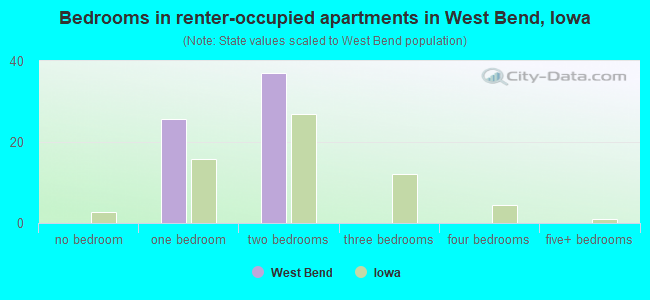Bedrooms in renter-occupied apartments in West Bend, Iowa