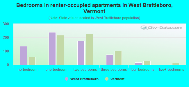Bedrooms in renter-occupied apartments in West Brattleboro, Vermont