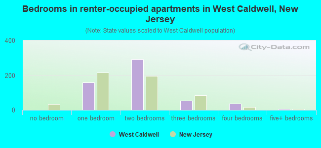 Bedrooms in renter-occupied apartments in West Caldwell, New Jersey