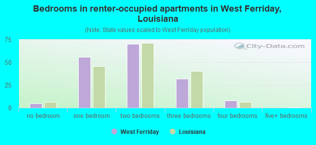 Bedrooms in renter-occupied apartments in West Ferriday, Louisiana