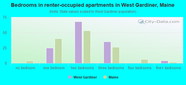 Bedrooms in renter-occupied apartments in West Gardiner, Maine