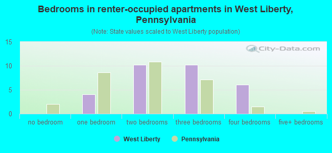 Bedrooms in renter-occupied apartments in West Liberty, Pennsylvania