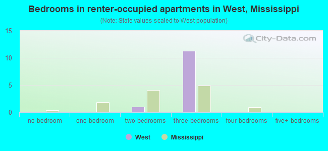 Bedrooms in renter-occupied apartments in West, Mississippi