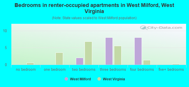 Bedrooms in renter-occupied apartments in West Milford, West Virginia