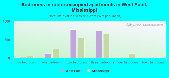 Bedrooms in renter-occupied apartments in West Point, Mississippi