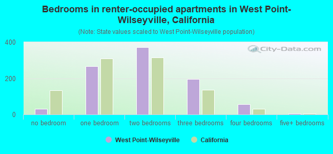 Bedrooms in renter-occupied apartments in West Point-Wilseyville, California
